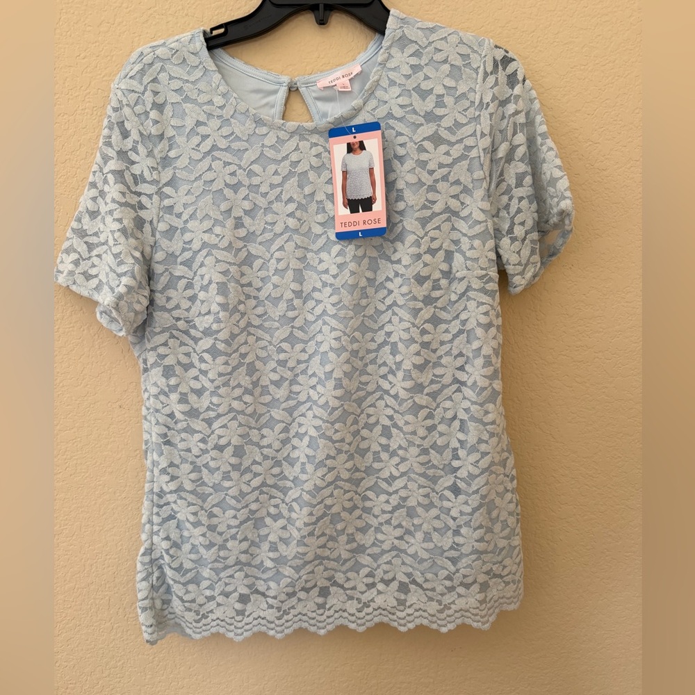 Lace Overlay Short Sleeve Top - Light Blue